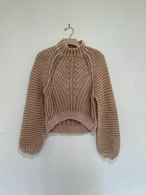 Free People Cropped Cable Knit Turtleneck Sweater in Taupe